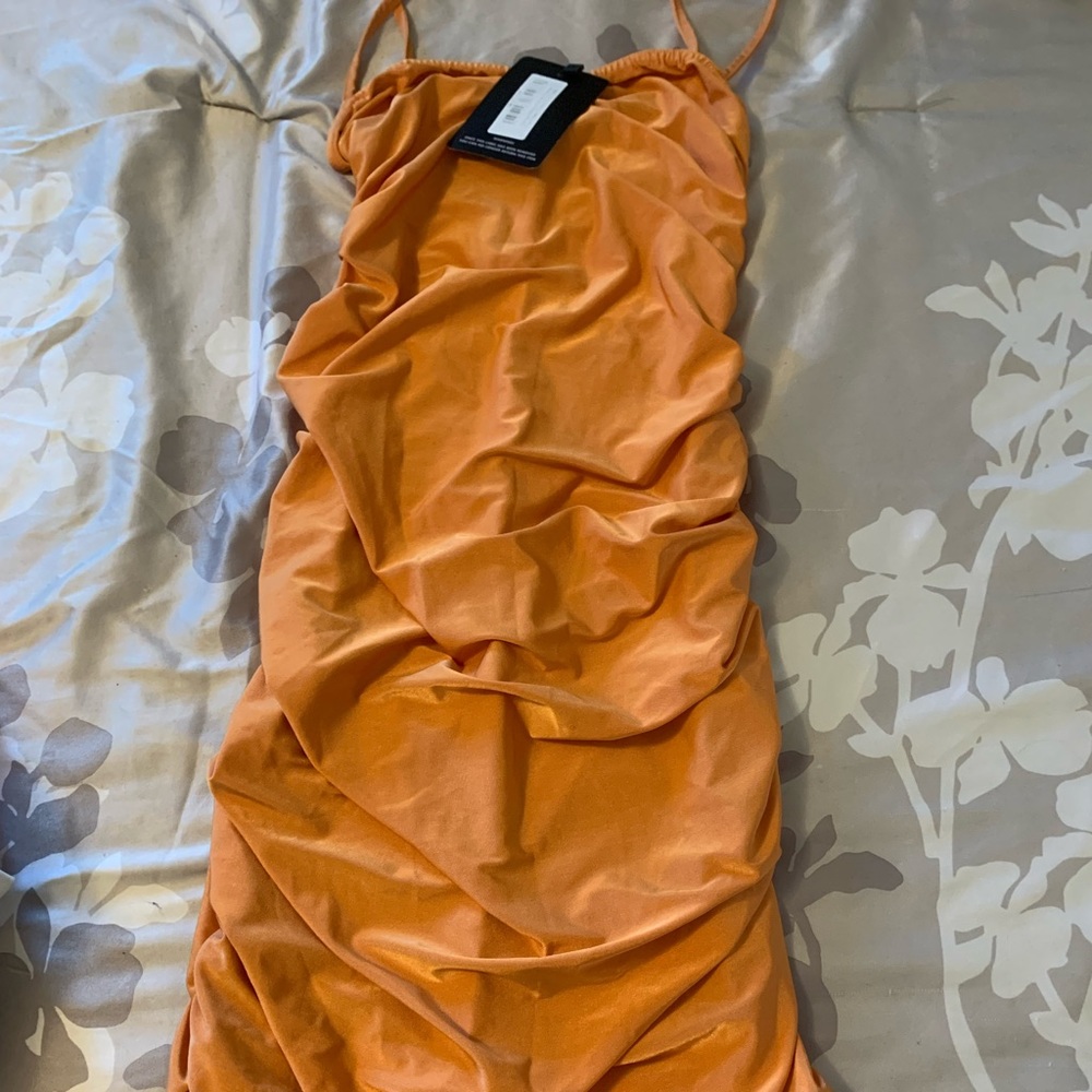 Orange strappy slinky ruched back maxi dress